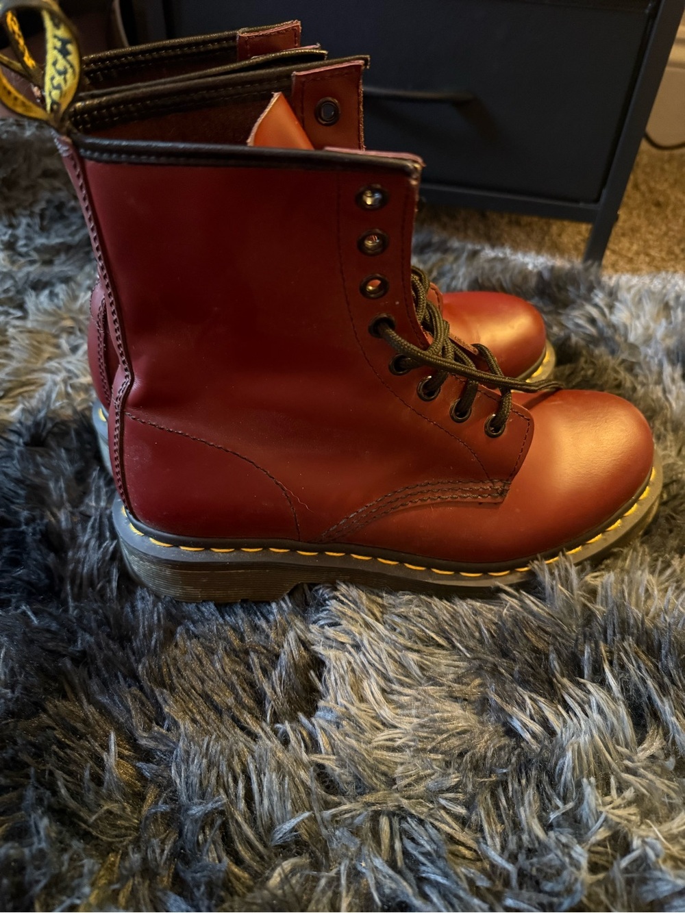 Dr. Martens Burgundy Leather Lace-Up Boots with Yellow Stitching - Picture 4 of 7
